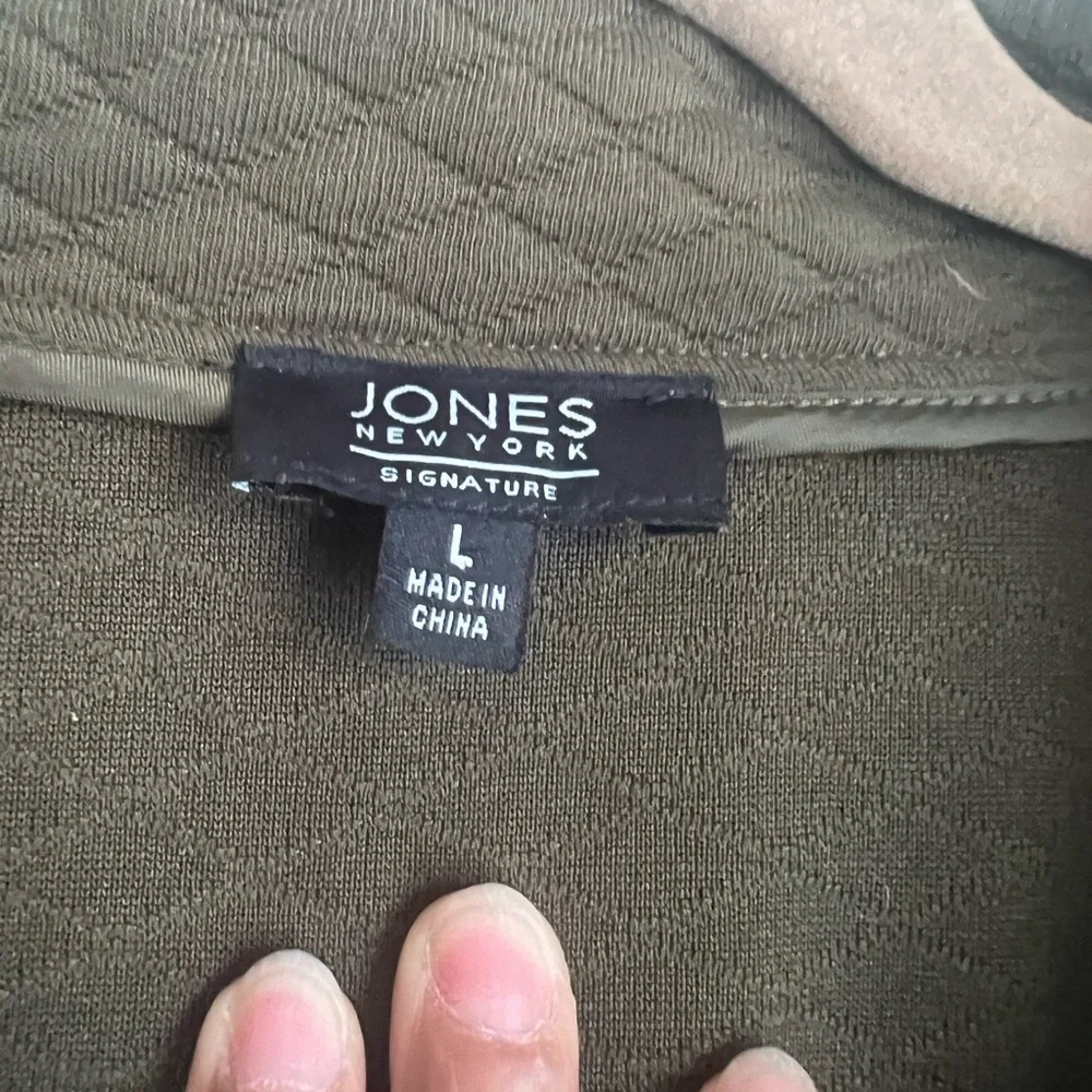 Jones New York Olive Quilted Jacket with Faux Leather Pockets Size Large Classic